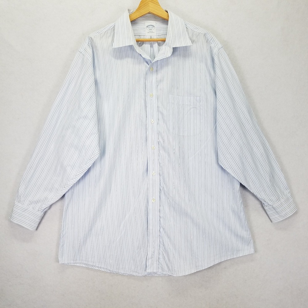 Brooks Brothers 346 Dress Shirt Men 17.5 Blue Striped Cotton Non-Iron Slim Fit